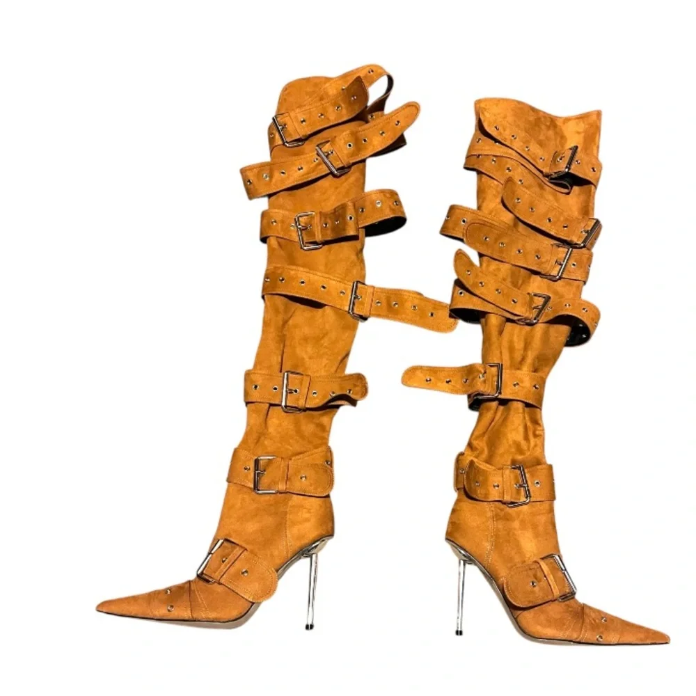 Over The Knee Suede Pointy Stiletto Boots w/ Buckles CALECHIE  New without Tags